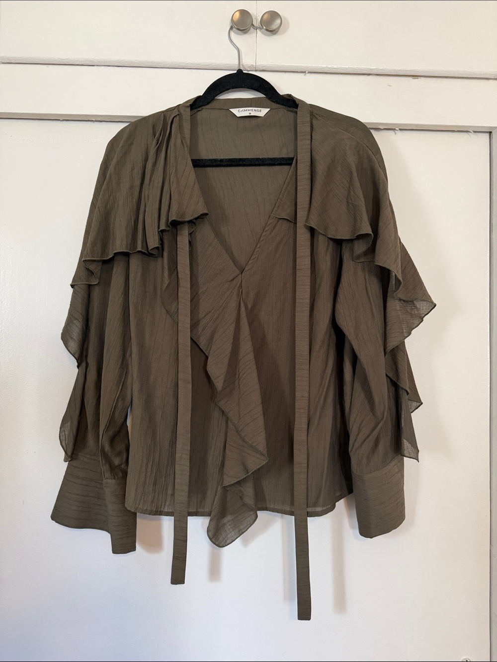 Commense Olive Green Ruffle Tie Top in Medium